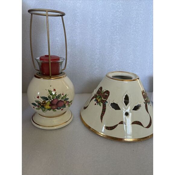 Lenox Holiday Tartan Candle Lamp Holly Leaves Gold Rim Christmas Gift 6238752 - Picture 3 of 9